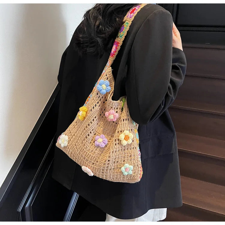 Women's Boho Crochet Bag Designer Flowers Knitted Handbags Large Capacity Summer Beach Woven Shoulder Bag Girls Tote Shopper Bag Quick Pick Grocers