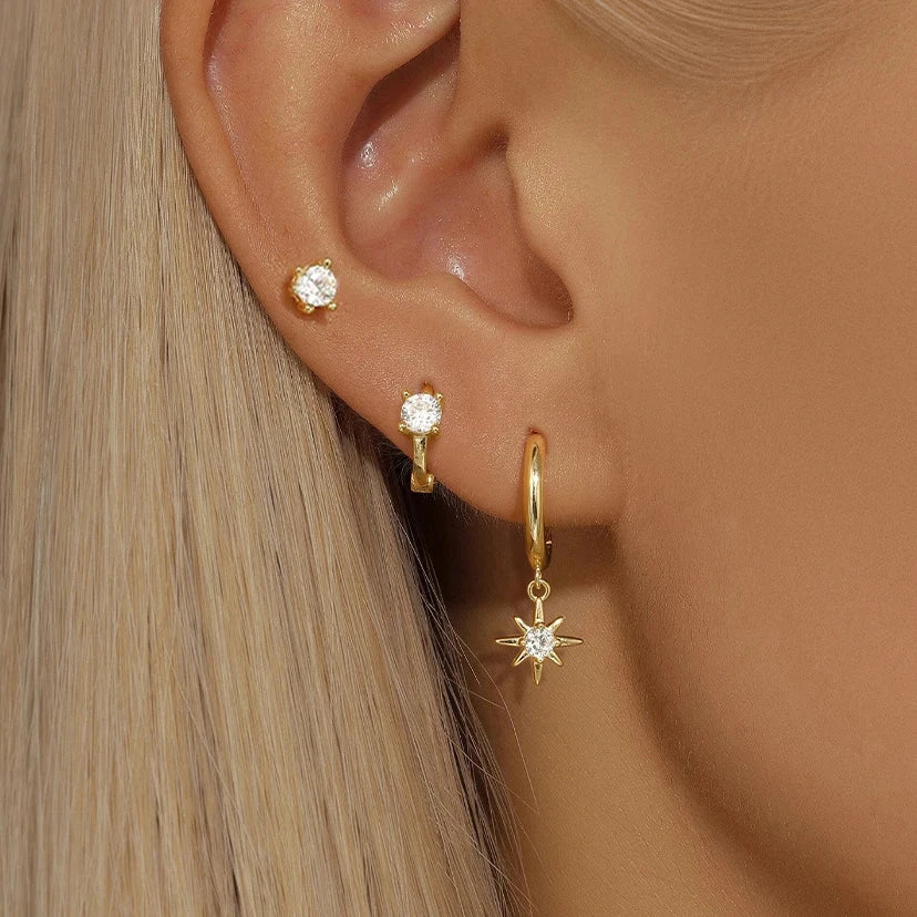 3 Piece Fashion Stainless Steel Round Star Drop Earrings Set for Women 18K Gold Plated Dangle Earring Punk Unisex Rock  Jewelry Econic Blanks