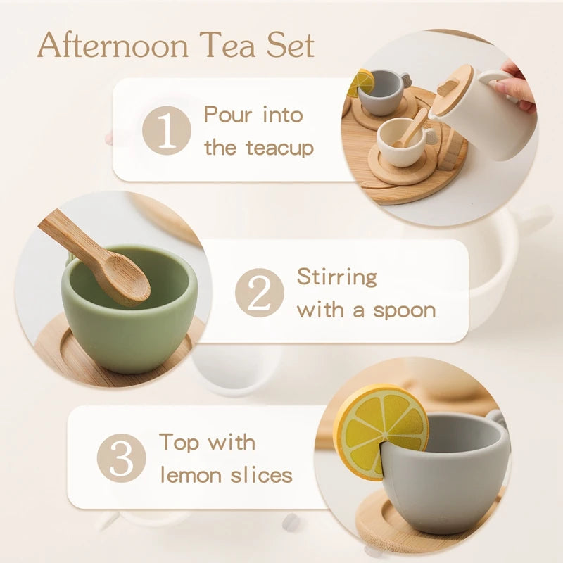 Wooden Children Montessori Toy Teapot Teacup Simulation Kitchen Utensil  BPA Free Silicone Kid Education Pretend Play Toy Gift Purest Peak