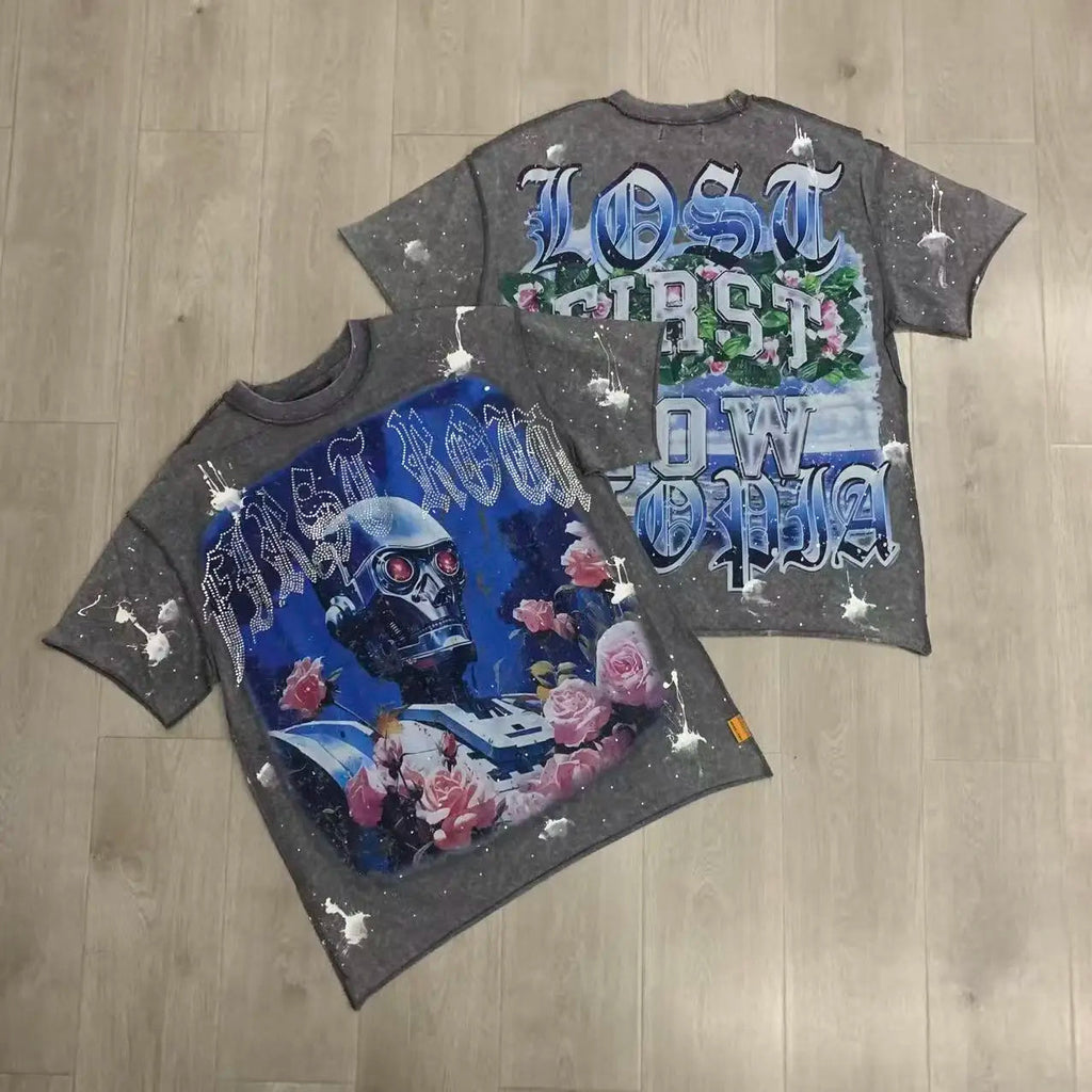 Streetwear Vintage Washed Diamond Cropped Tee for Men Crew Neck Short Sleeve Loose Cotton Rhineston Tshirts Oversized Quick Pick Grocers