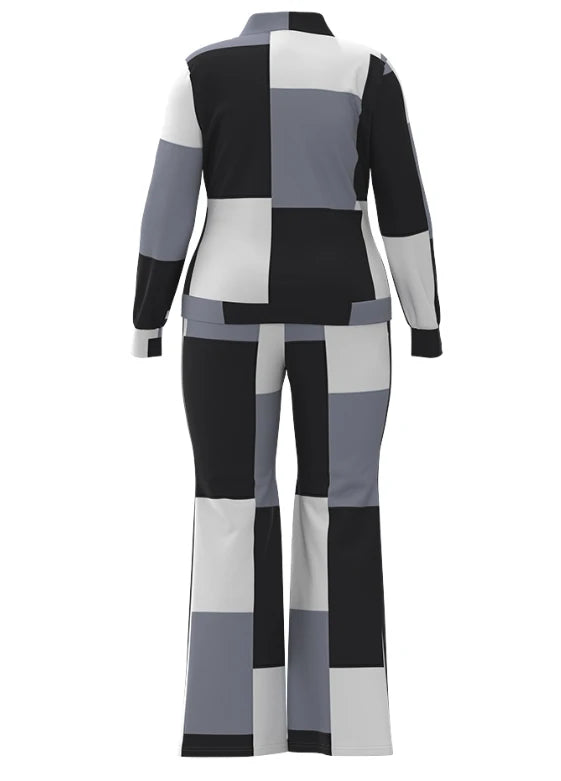 Two Piece Set Women Outfit 2023 Autumn Fashion Geometric Print Stand Collar Long Sleeve Zip Up Top & Casual Sporty Pants Set Quick Pick Grocers