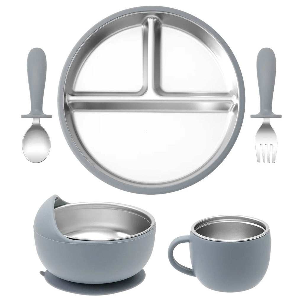 5PCS Stainless Steel Dishes Plate Baby Feeding Set With Detachable Silicone Sucker Bowl BPA Free Infant Fork Spoon Cup Gifts Purest Peak