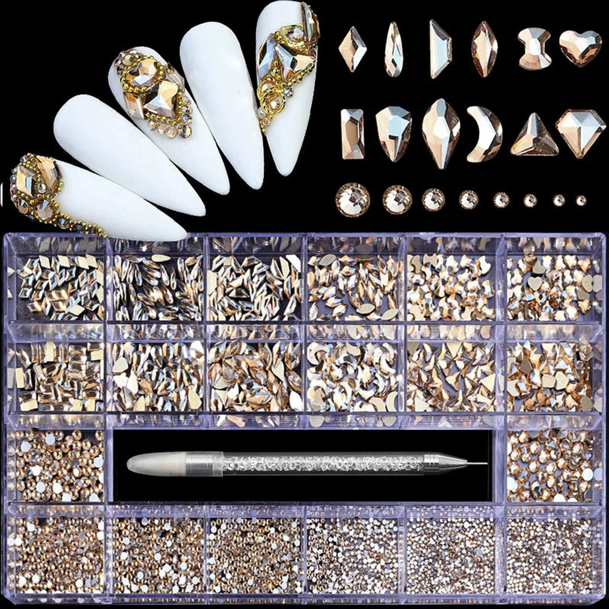 21 grid nail art diamond flat bottom glass diamond multi-style special-shaped diamond shiny nail rhinestone DIY nail art jewelry Econic Blanks