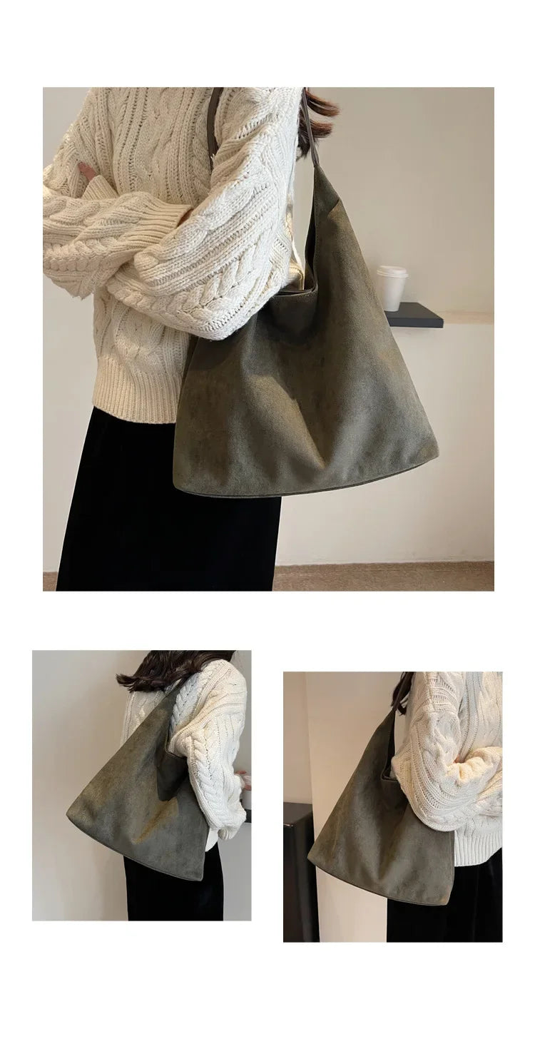 Autumn and Winter Vintage Women's Bag Large Capacity Suede Shoulder Bag Solid Color Simple Casual Commuter Bag Retro Handbags Quick Pick Grocers
