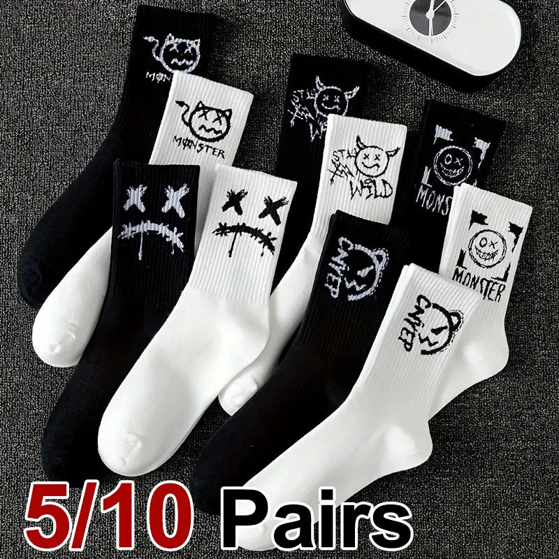 5/10 Pairs Men Women Graffiti Printed socks Street Style Soft Comfortable Sweat Absorbing Breathable Couple Sports Leisure Socks Quick Pick Grocers