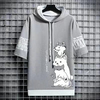 Japan Fashion Men's Hoodies Summer Men Clothing Cartoon Casual Harajuku Streetwear Print Hooded Top Short Sleeve Sweatshirts Men Quick Pick Grocers