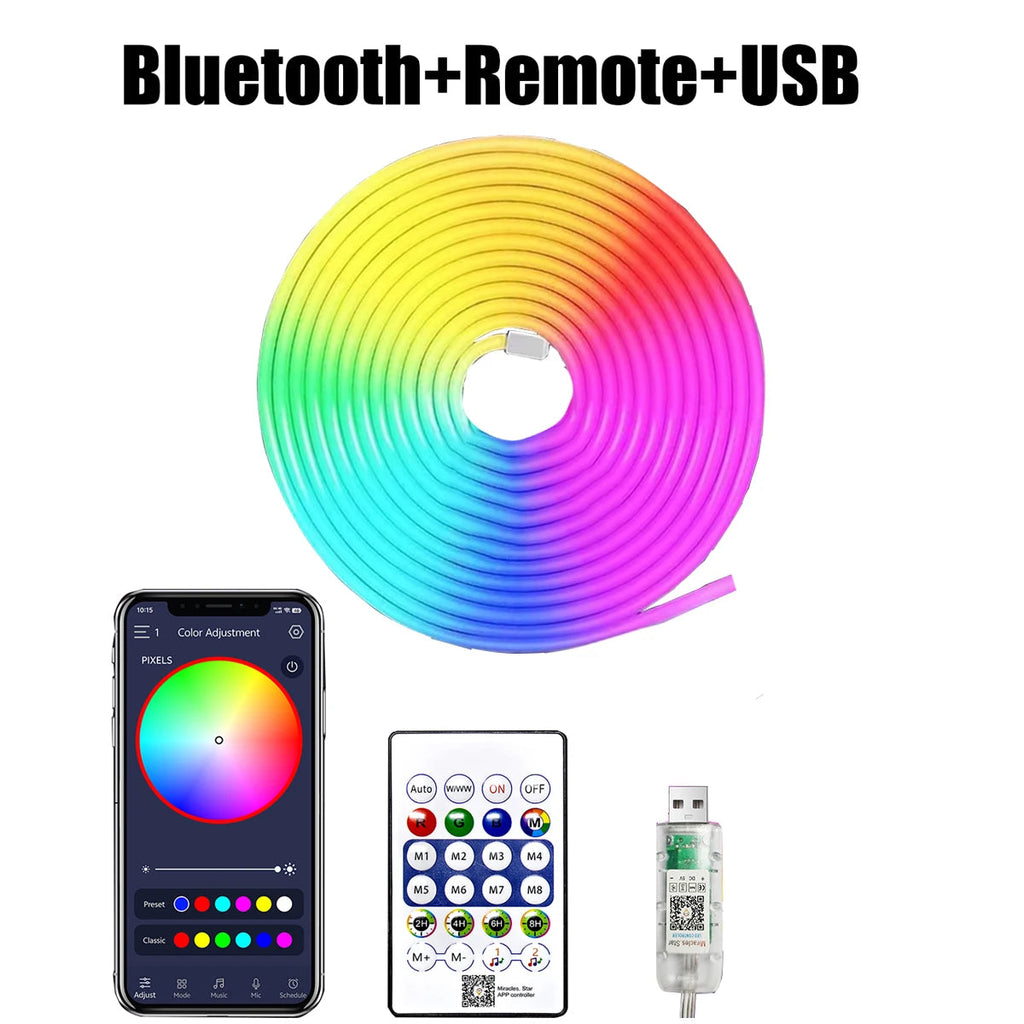 5V RGB Neon Strip Light 1M 2M 3M 5M USB Waterproof Flexible Ribbon Tape Neon Lights With Bluetooth Remote Control For Home Decor Econic Blanks