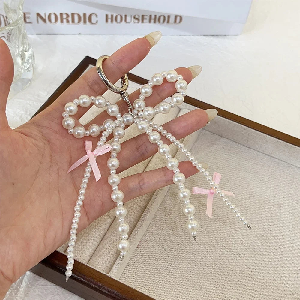 2026 New Korean Fashion Sweet Pearl Bow Keychain Heart Pendant Keyring Y2K Ins Aesthetic Holder for Girl Bag Pendant Accessories Quick Pick Grocers