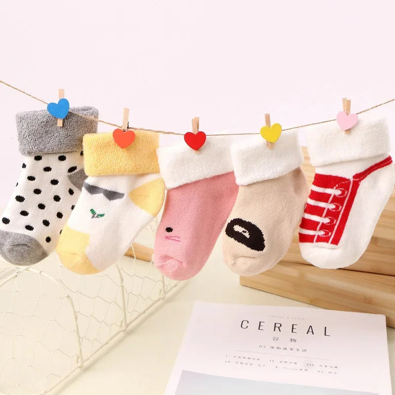 5 Pairs Autumn Winter Warm Strip Baby Sock Cute Cartoon Dot Thick Infant Floor Sock Soft Star Pattern Newborn Toddler Sock Purest Peak