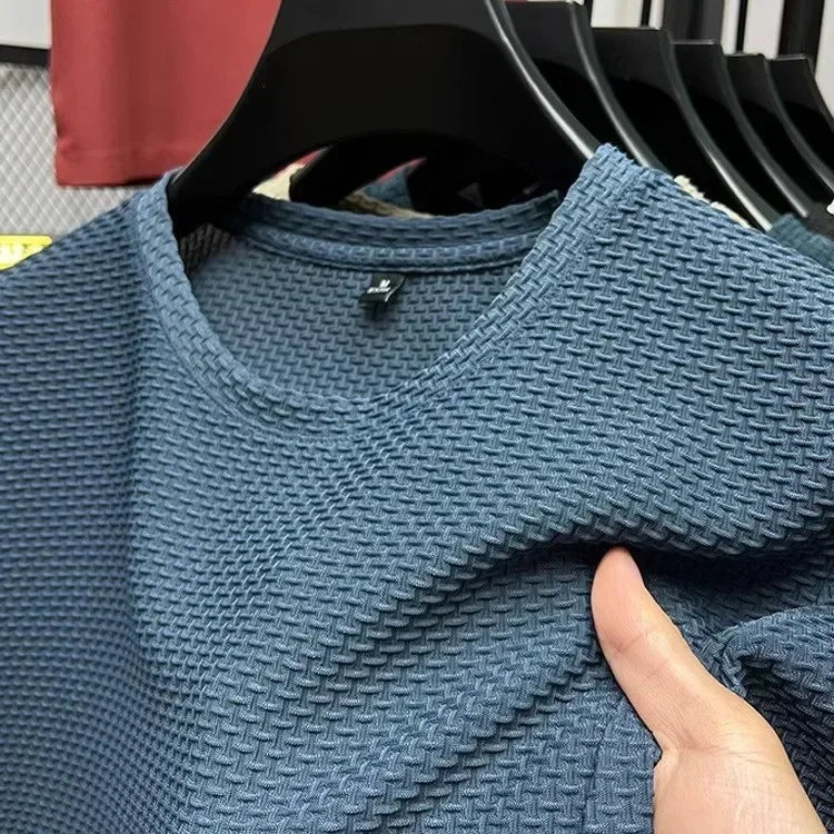 Men's Short Sleeve Mesh Bamboo Ice Silk T-shirt Casual Versatile Summer Elastic Slimming Top for Men Quick Pick Grocers