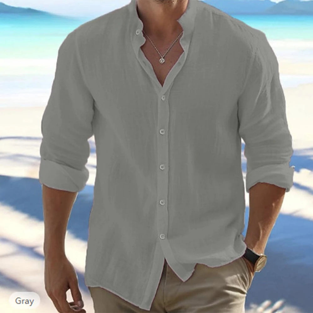 Cotton Linen Hot Sale Men's Long-Sleeved Shirts Summer Solid Color Stand-Up Collar Casual Beach Style Plus Size Quick Pick Grocers