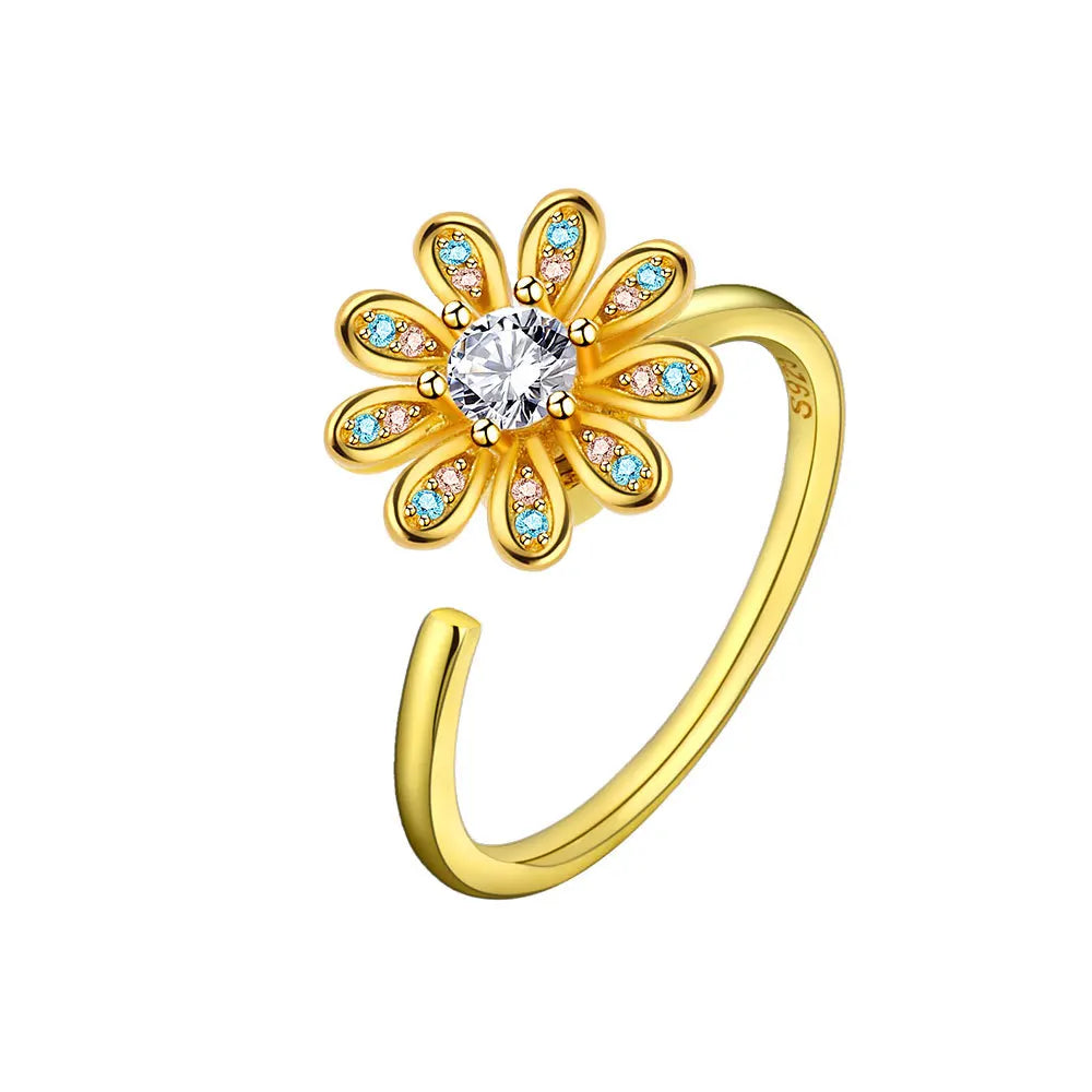 VENTFILLE 925 Sterling Silver Sunflower Diamond Zircon Rotatable Ring For Women Gift Relieve Stress Ring Jewelry Wholesale Quick Pick Grocers