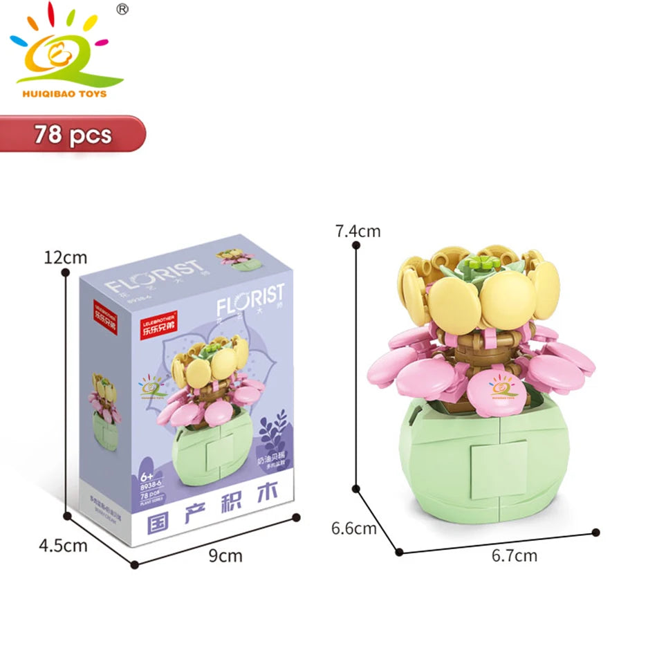 HUIQIBAO MOC Flower Succulent Potted Model Building Block DIY Eternal Bouquet Home Desk Plant Decor Brick Girl Gift Children Toy Quick Pick Grocers