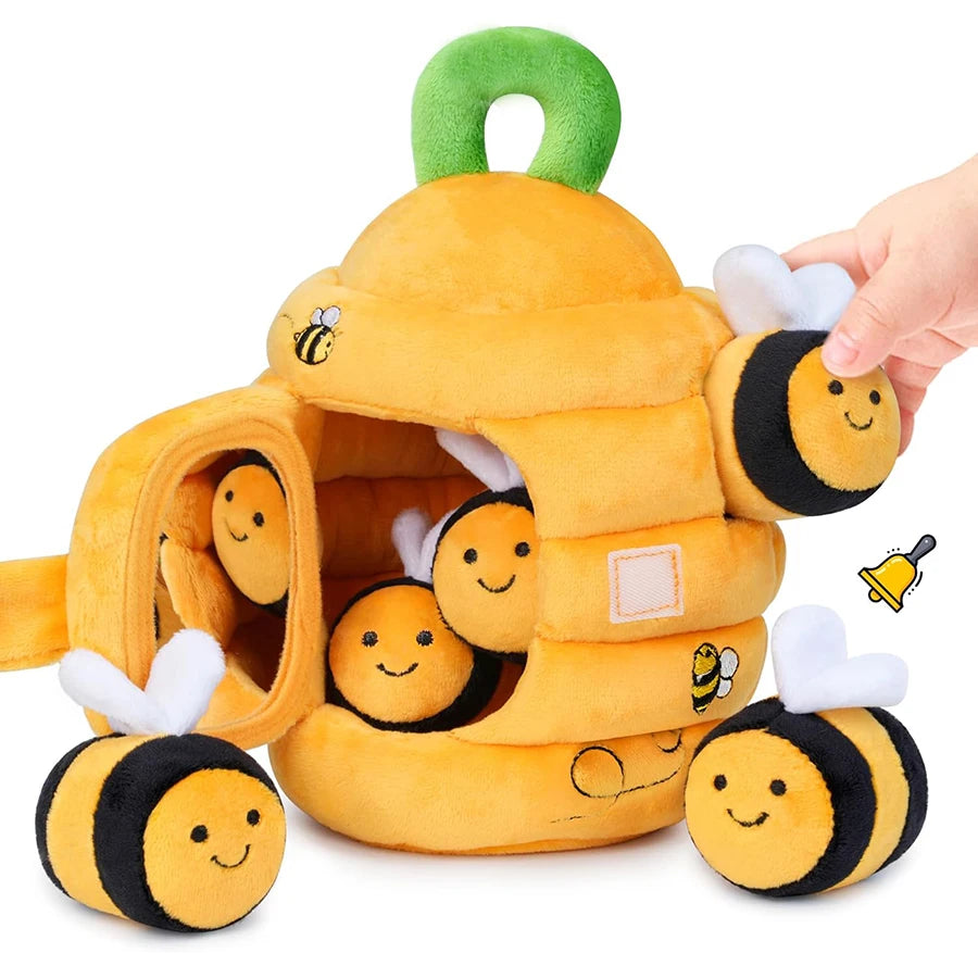 Baby Toys 6-12 Months Soft Baby Beehive with 5 Sensory Bee Rattle Mirror Crinkle Squeaker Busy Montessori Soft Toy for Toddlers Purest Peak