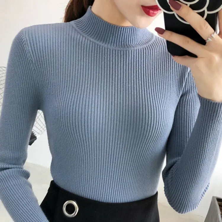 Autumn Winter Mock Neck Women Sweater Vintage Basic Solid Knitted Tops Casual Slim Pullover Korean Sweaters Simple Chic Jumpers Quick Pick Grocers