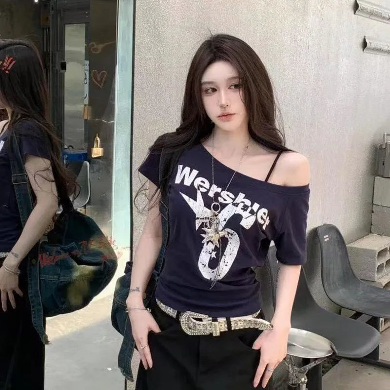 Y2k Sport Summer Off shoulder Top Women Sexy Vintage 2000s Short sleeve T shirt Lady Body Basic Crop Top Female Casual Quick Pick Grocers