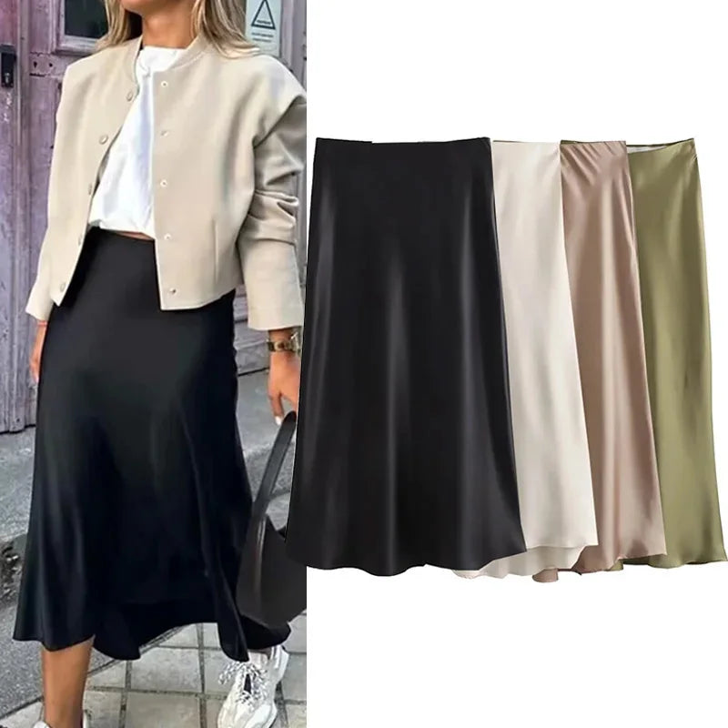 Willshela 2024 Black Satin Skirt Woman High Waist Elegant Long Skirts For Women Fashion Summer Midi Skirt Office Women's Skirts Quick Pick Grocers