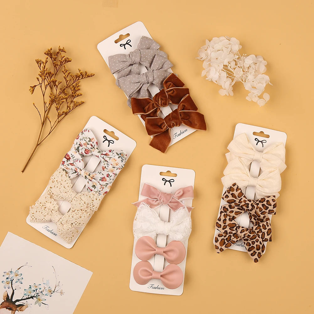 4Pcs/set Leopard Dot Print Bowknot Hair Bow Clips Baby Girls Lace Cotton Linen Barrettes Safety Hairpins Headwear Accessories Purest Peak
