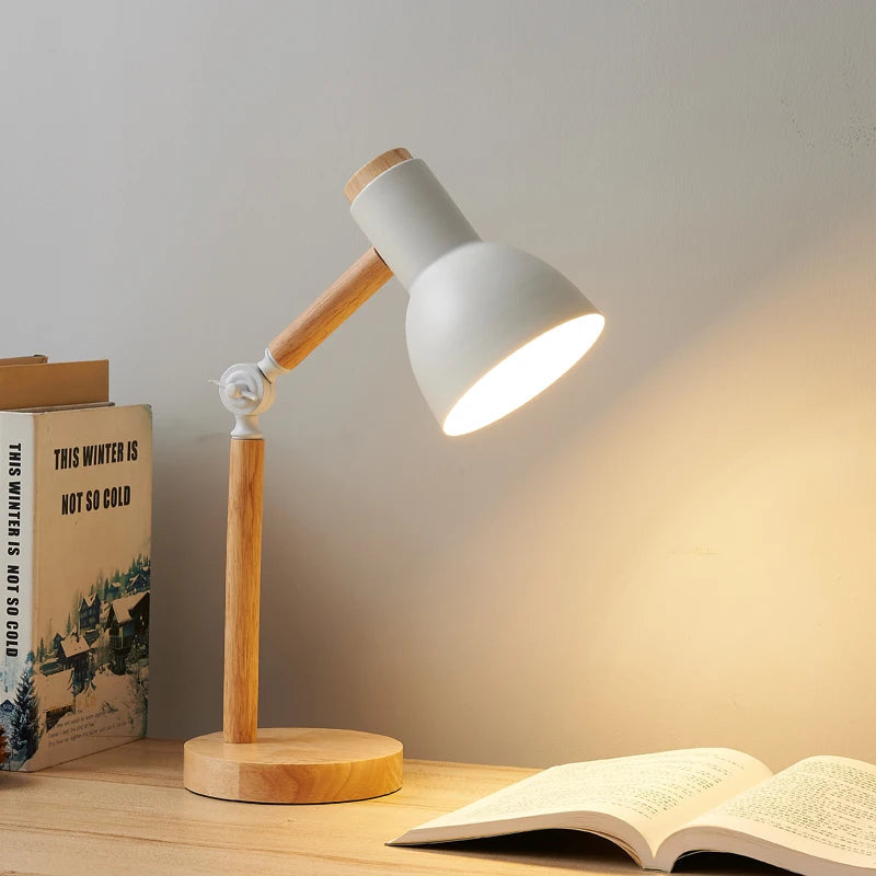 Creative Nordic Table Lamp Wooden Art LED Turn Head Simple Bedside Desk Light/Eye Protection Reading&Bedroom Study Lamp Quick Pick Grocers