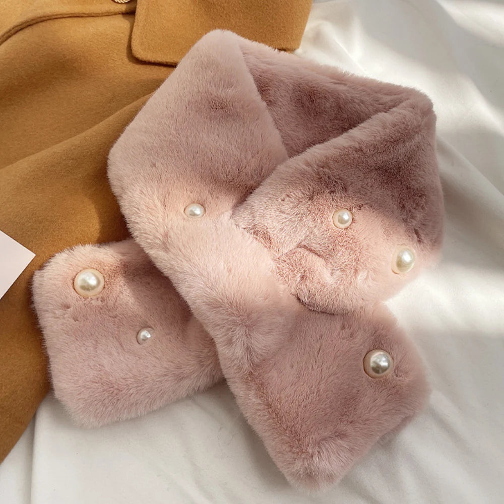 Women Winter Warm Thicken Cross Collar Scarf Solid Color Faux Rabbit Fur Cold Proof Scarves Fashion Soft Furry Neck Warmer Quick Pick Grocers