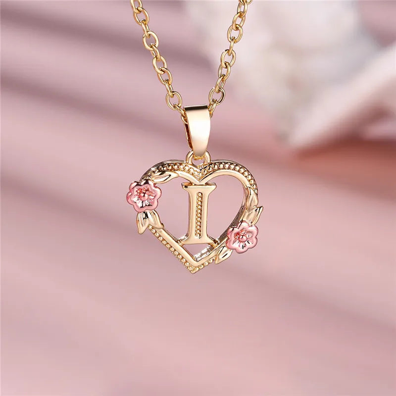 Female A-Z Letter Flower Pendant Necklace Yellow Gold Color Wedding Jewelry Gift For Women Quick Pick Grocers