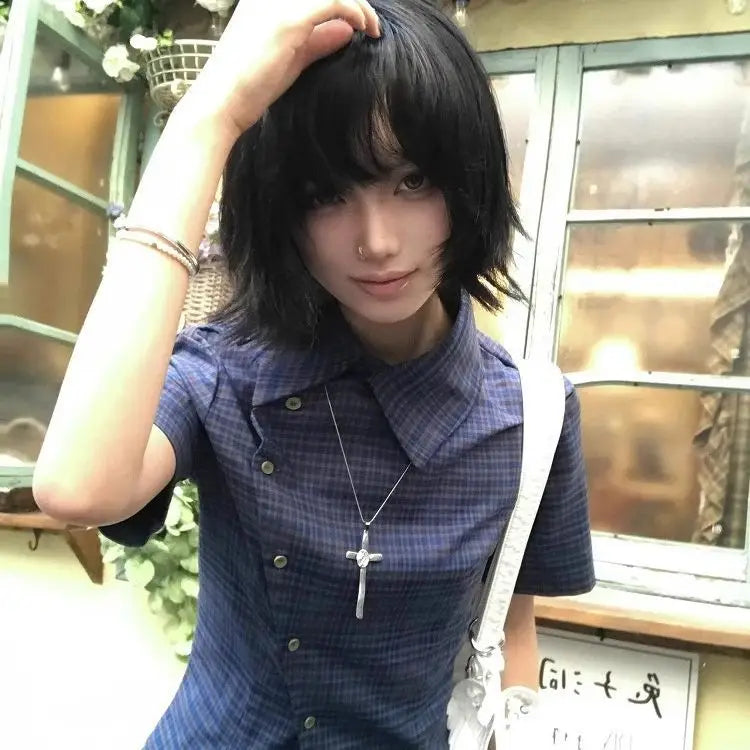 Genayooa Vintage Plaid Casual Shirt Women Short Sleeve Y2k Tops Japanese 2000s Summer Shirt Irregular American Retro 90s Tshirts Quick Pick Grocers