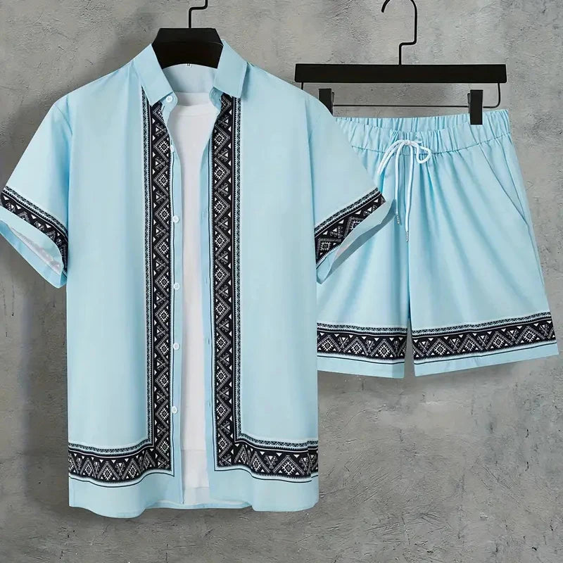 2024 New Men's Summer Holiday Suit Retro Textured Printed Border Shirt Short Sleeve Shorts Two Piece Men's Breathable Pool Suit Quick Pick Grocers