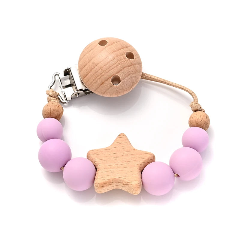 Baby Pacifier Chain Clips Wood Pentagram Teether Silicone Round Beads Teething Chain For Baby Care Soother Chew Toys Shower Gift Purest Peak