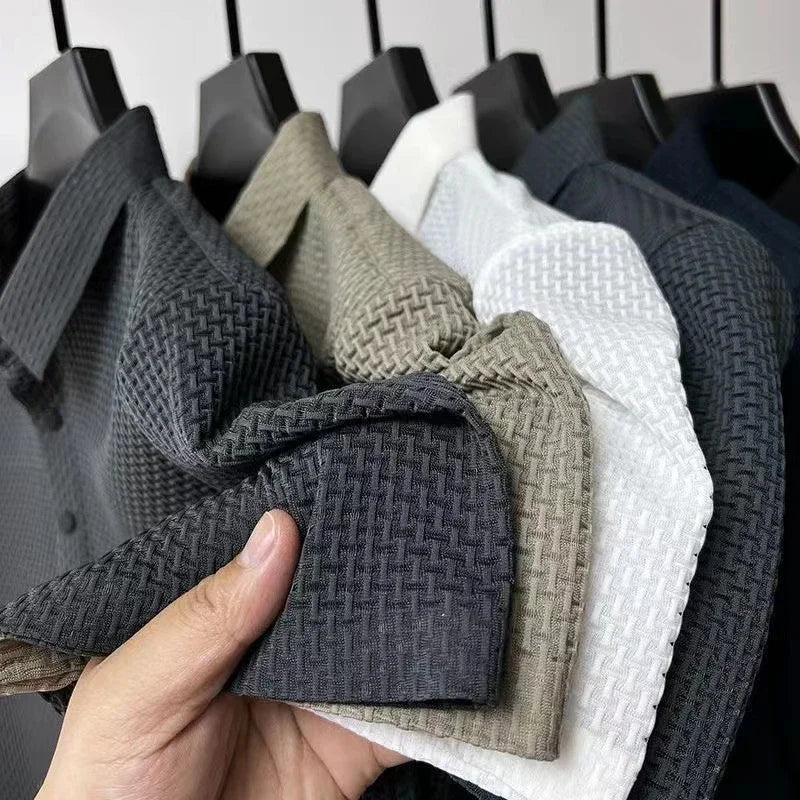 New Men's Business Casual Short Sleeved Bone Flower Solid Color POLO Shirt Fashion Breathable Comfortable Summer Versatile Top Quick Pick Grocers