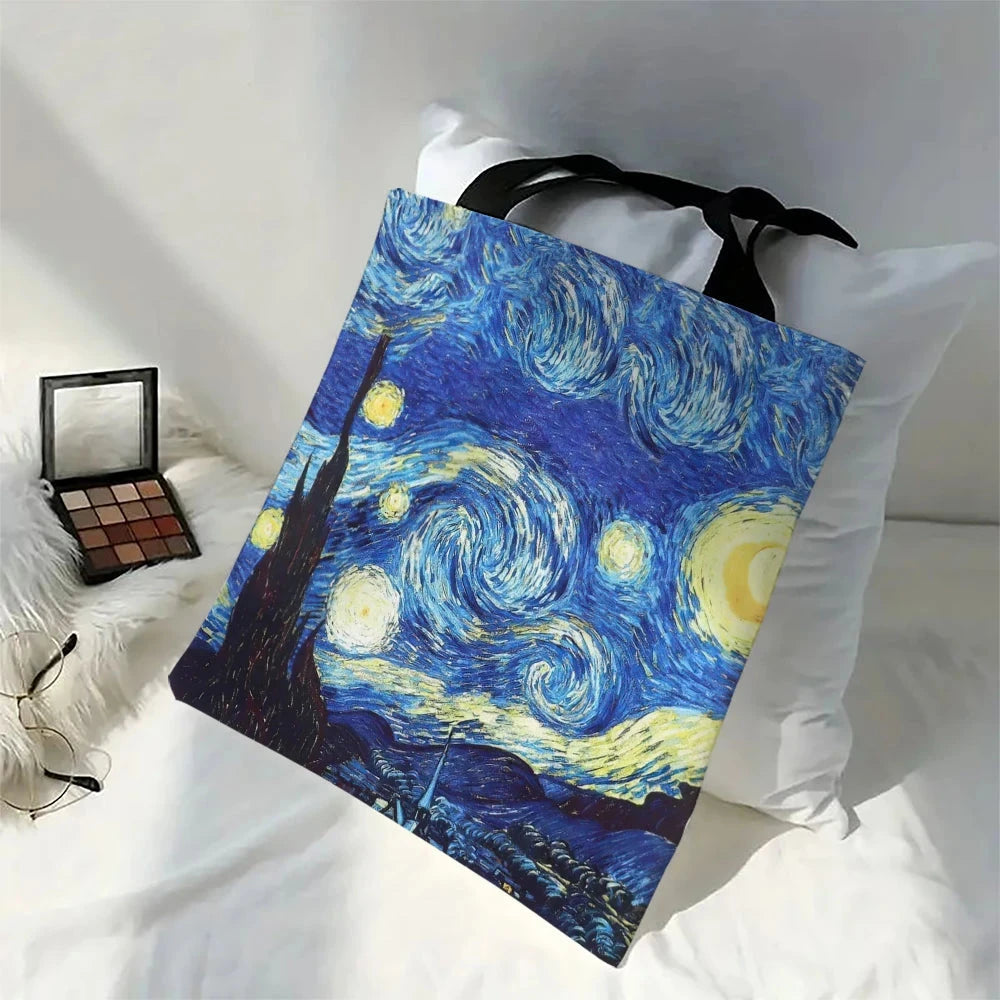 Canvas Bag Van Gogh Series Canvas Bag Oil Painting Starry Night Sunflower Apricot Flower Coffee Holder Handbag 30X35cm Econic Blanks