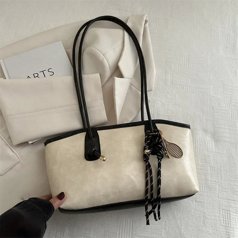 European American Retro Tote Bag, Korean Fashion Shoulder Bags Advanced Simple Handbag New Large Capacity Pendant Versatile Bags Quick Pick Grocers