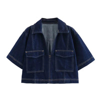 MUJER Blue Denim Shirt Woman Short Sleeve Cropped Shirt Women Summer Short Tops Woman Streetwear Y2k Stylish Women's Blouses Quick Pick Grocers