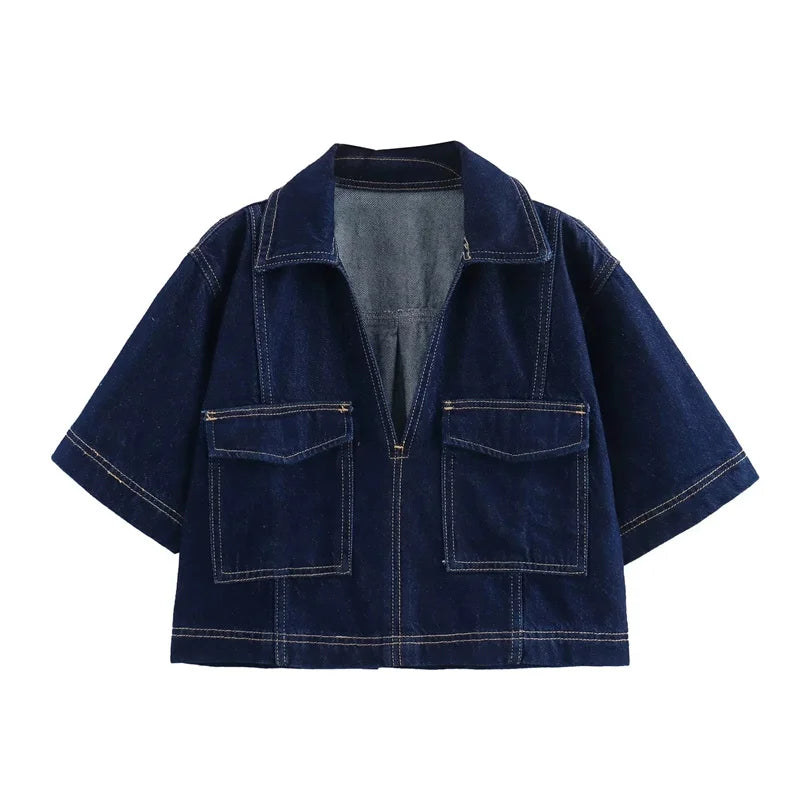 MUJER Blue Denim Shirt Woman Short Sleeve Cropped Shirt Women Summer Short Tops Woman Streetwear Y2k Stylish Women's Blouses Quick Pick Grocers