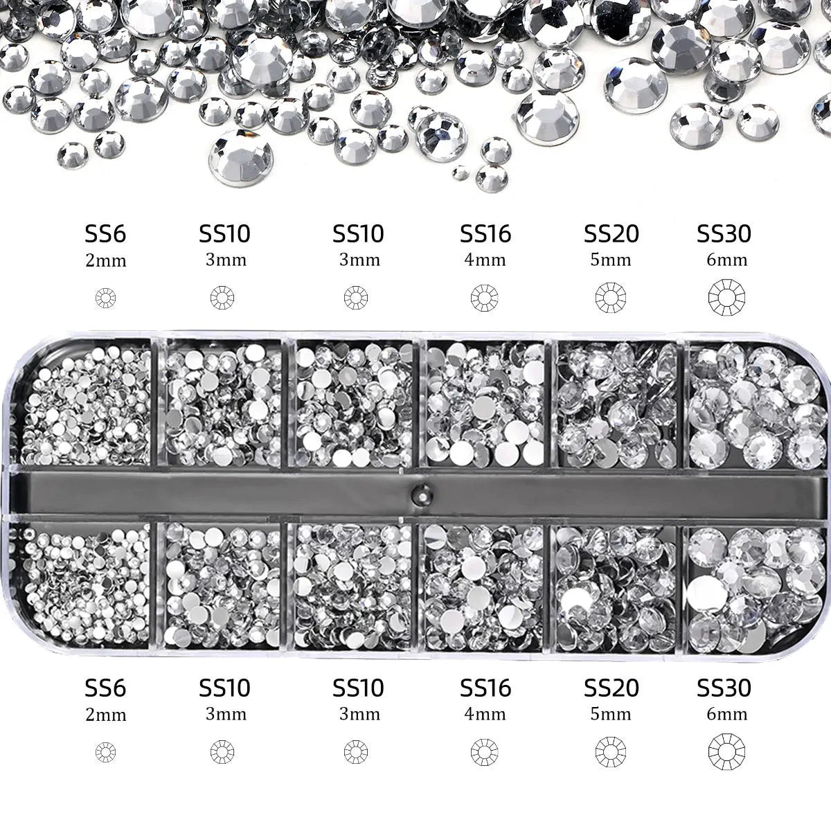 2400pcs+ Shiny Clear Crystal Gems Nail Rhinestones 1.5-4mm Mixed Round Glass Stone Flatback Nail Charms 12grids Nail Diamond DIY Econic Blanks