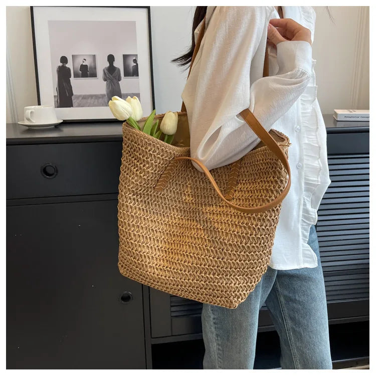 Hand-woven Women's Shoulder Handbag Bohemian 2025 Summer Fashion Straw Beach Tote Bag Travel Shopper Weaving Shopping Bags Quick Pick Grocers