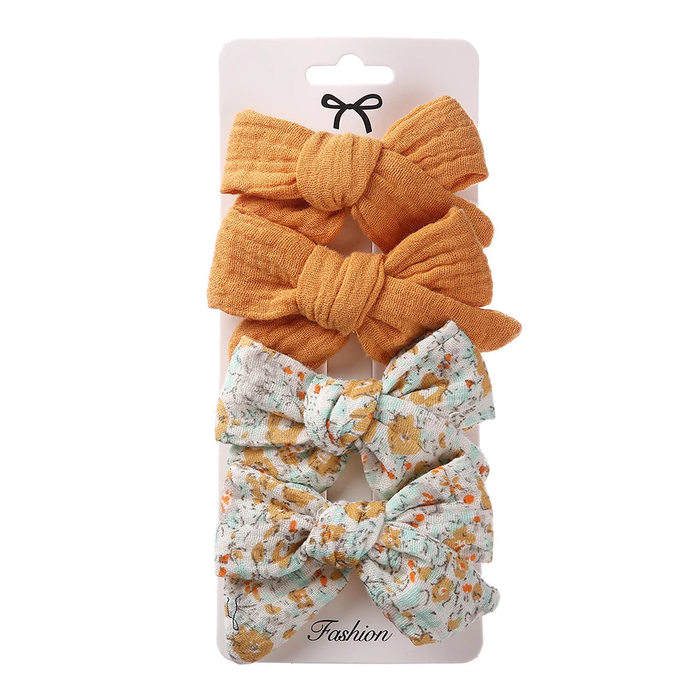 4Pcs/Set Baby Bows Hair Clips Muslin Girls Hairpins Hairclip For Kids Cotton Linen Barrette Flower Print Side Pin  Accessories Purest Peak