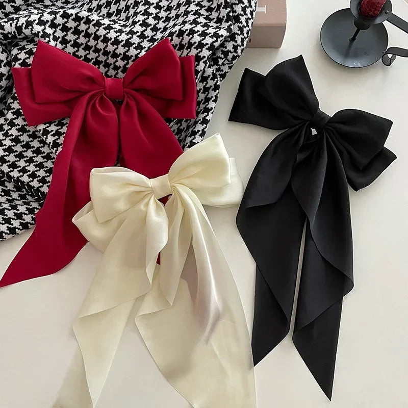 Korean Accessories Hair Clips for Women Girls Big Bowknot Solid Satin Long Ribbon Bows Spring Clamp Barette Cheveux Femme 2023 Quick Pick Grocers