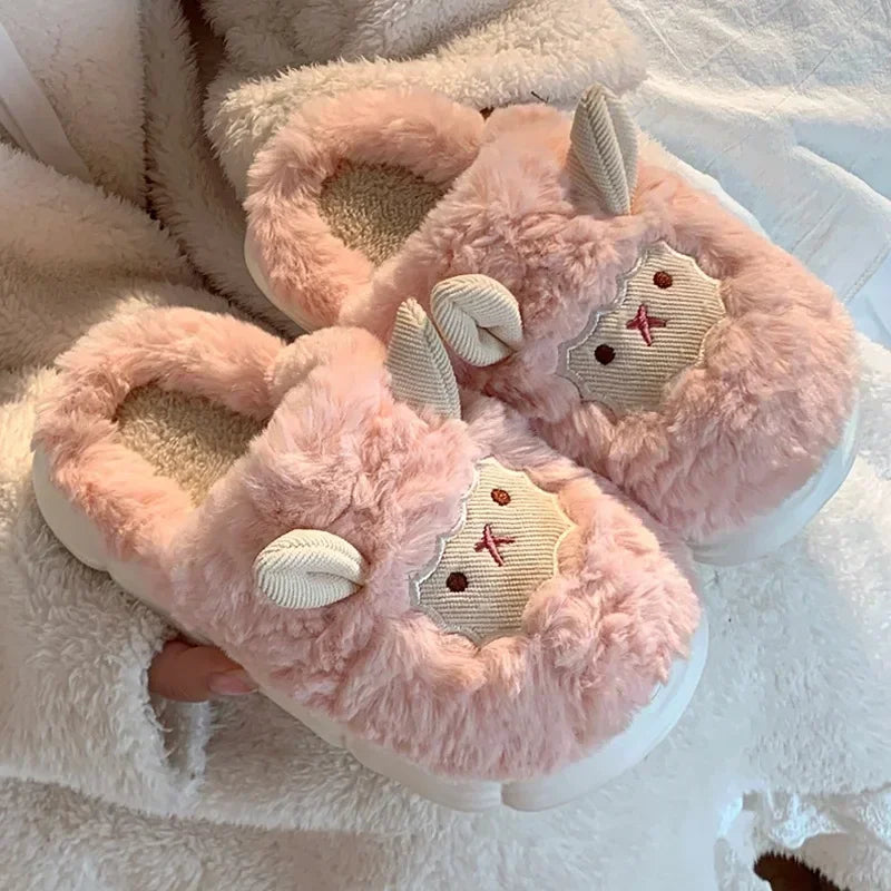 Winter Cartoon Plush Slippers Warm Fluffy Faux Fur Sheep Design Indoor Home Couple Cotton Slippers for Men And Women Purest Peak
