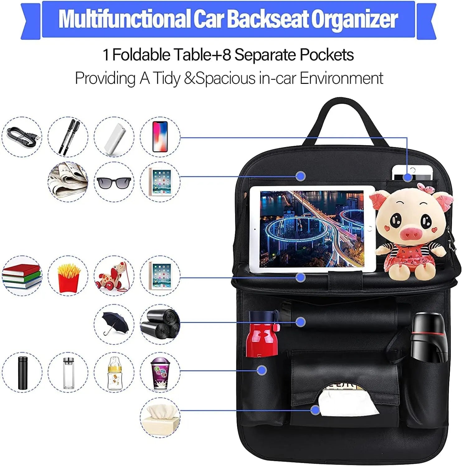 Car Seat Back Organizer with Foldable Table Tray PU Leather Storage Organizer with Pockets Kick Mats Seat Interior Accessories Econic Blanks