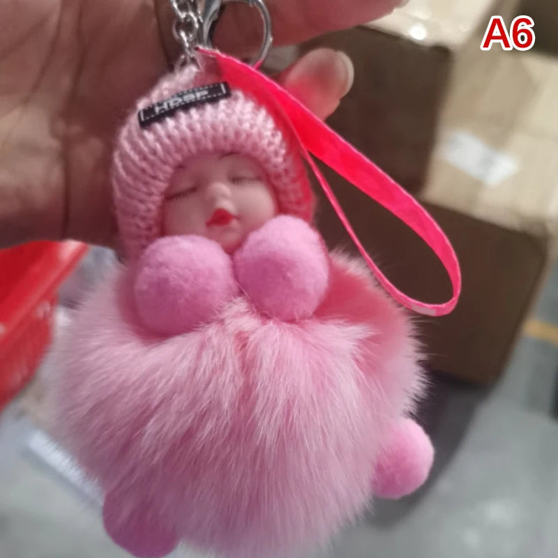Pompom Sleeping Baby Keychain Cute Fluffy Plush Doll Keyholder Women Girl Bags Keyrings Cars Key Ring Gift Charming Decoration Quick Pick Grocers