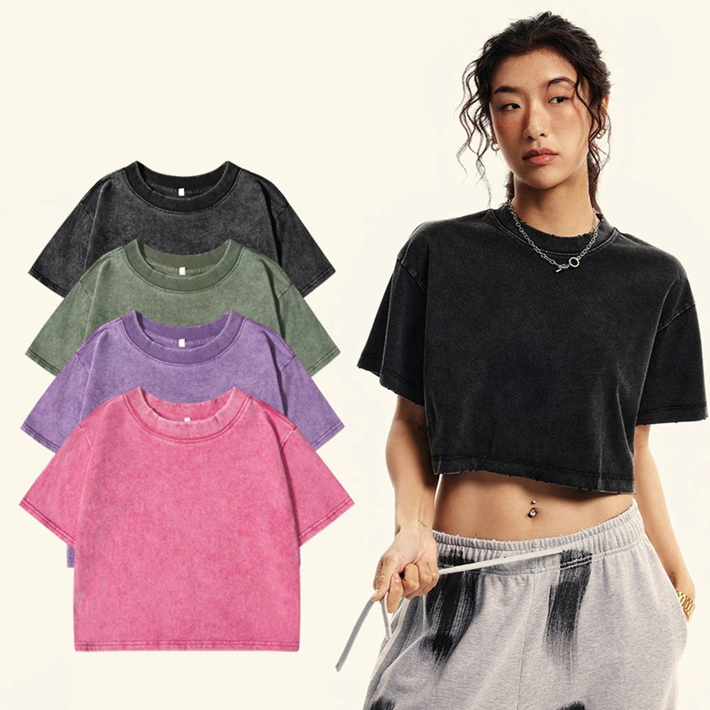 100% Cotton Washed T-Shirts For Women Loose O-Neck Crop Tops Y2k Street Female Clothes Summer Casual Vintage Short Sleeve Tees Quick Pick Grocers