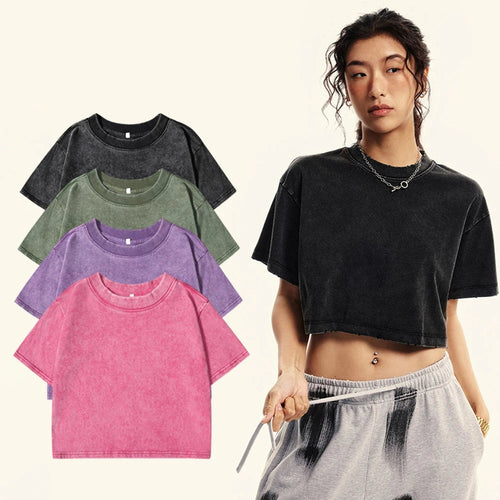 100% Cotton Washed T-Shirts For Women Loose O-Neck Crop Tops Y2k Street Female Clothes Summer Casual Vintage Short Sleeve Tees Quick Pick Grocers