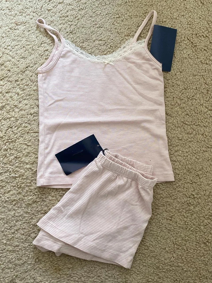 Strawberry Vest Shorts 2 Pieces Set Woman Eyelet Bow Slim Tank Top with Elastic Waist Patchwork Straight Short Pant Sweet Sets Quick Pick Grocers