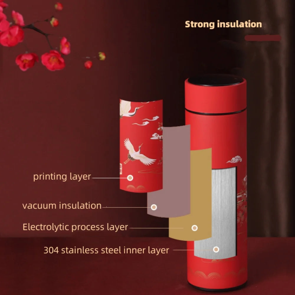 Chinese Style Vacuum Flask With Temperature Display Retro Smart Insulated Water Bottles 304 Stainless Steel Thermal Cu Travel Quick Pick Grocers