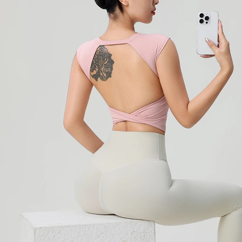 Sexy Short Backless Fixed Chest Pad Sports T-shirt Vest Women's Tight Fitting Quick Drying Slimming Yoga Suit Top Clothing Quick Pick Grocers