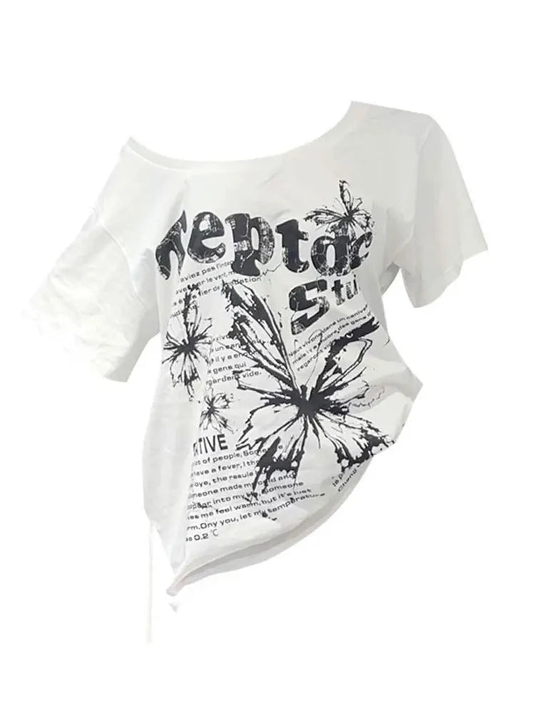 White Y2k Vintage Oversize Off shoulder Short sleeve T shirt With Print Women Casual Graphic Summer Top Butterfly Tees Quick Pick Grocers