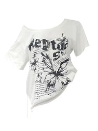 White Y2k Vintage Oversize Off shoulder Short sleeve T shirt With Print Women Casual Graphic Summer Top Butterfly Tees Quick Pick Grocers