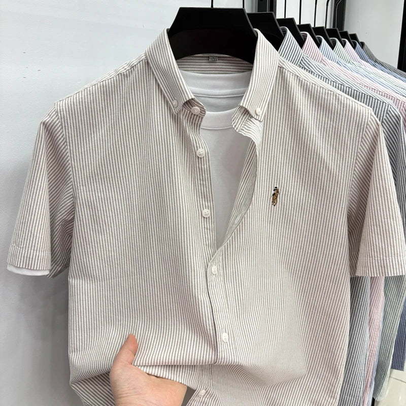 High End Brand Embroidered Striped Shirt Men's Short Sleeved Lapel Business Breathable Shirt Summer New Pure Cotton Jacket Quick Pick Grocers