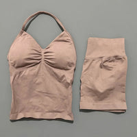 HISTELLO 2 Pieces Sports Set Women Yoga Longline Strap Top Scrunch Seamless Shorts Sport Gym Set Sportswear Workout Fitness Set Quick Pick Grocers