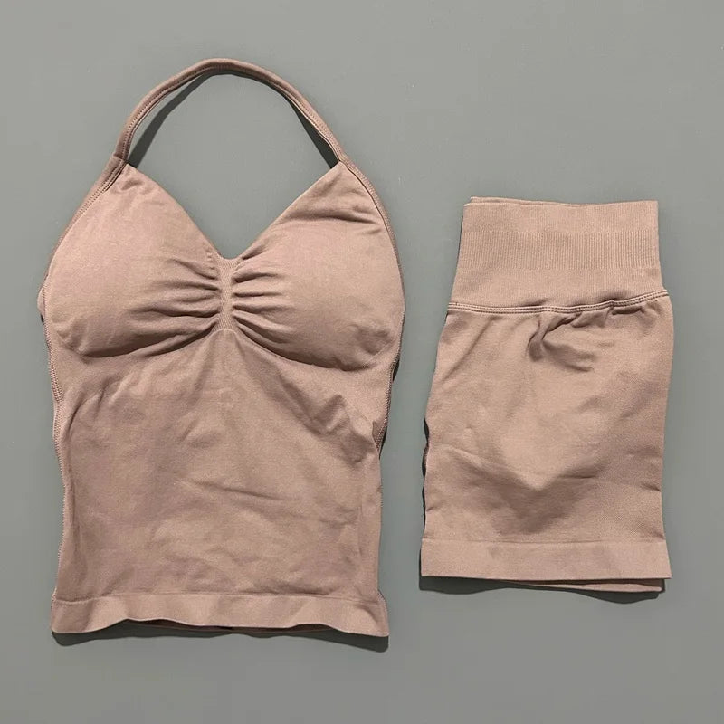 HISTELLO 2 Pieces Sports Set Women Yoga Longline Strap Top Scrunch Seamless Shorts Sport Gym Set Sportswear Workout Fitness Set Quick Pick Grocers